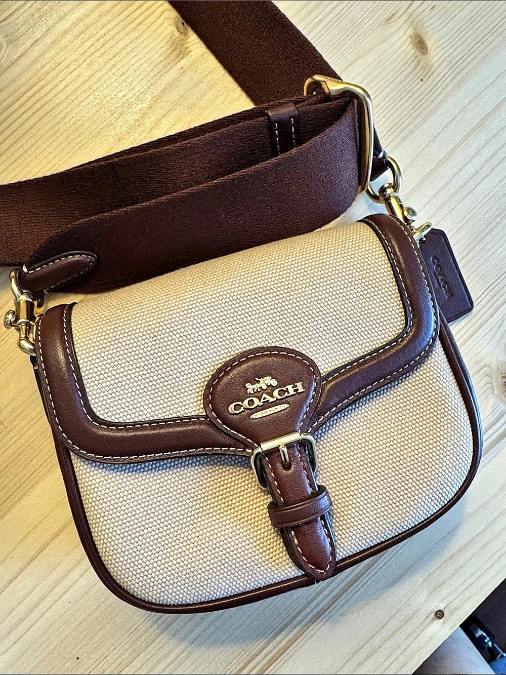 Coach Amelia Saddle Bag With Horse And Carriage Dot Print in Brown & Tan